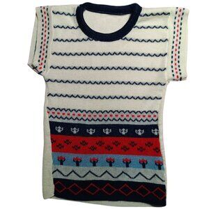 Vintage 70's Girls 4T Acrylic Knit T-shirt Top Scandinavian Pattern Boho Butter